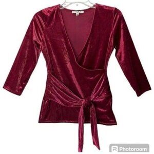 Express Blouse Womens Size Small Burgundy Red Velvet Ribbed Tie Wrap Shirt top